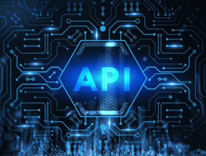 The letters “API” appear inside a blue hexagon with connecting lines emanating from it, on a black background.