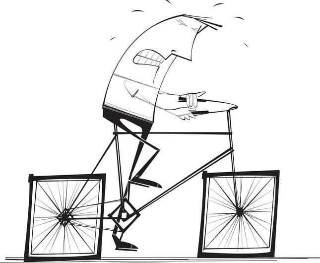 A line drawing of a man attempting to ride a bicycle with square wheels.