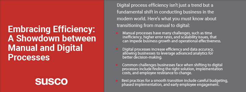 Key takeaways:

Manual processes have many challenges, such as time inefficiency, higher error rates, and scalability issues, that can impede business growth and operational effectiveness.

Digital processes increase efficiency and data accuracy, allowing businesses to leverage advanced analytics for better decision-making.

Common challenges businesses face when shifting to digital processes include finding the right solution, implementation costs, and employee resistance to change.

Best practices for a smooth transition include careful budgeting, phased implementation, and early employee engagement.