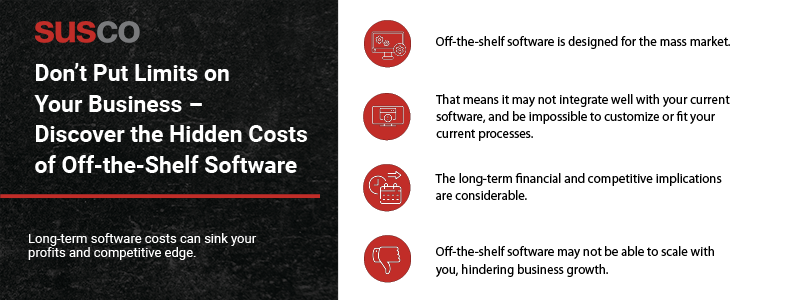 Key Takeaways:

Off-the-shelf software is designed for the mass market.

That means it may not integrate well with your current software, and be impossible to customize or fit your current processes.

The long-term financial and competitive implications are considerable.

Off-the-shelf software may not be able to scale with you, hindering business growth