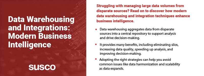 Key takeaways:

Data warehousing aggregates data from disparate sources into a central repository to support analysis and drive decision-making.

It provides many benefits, including eliminating silos, increasing data quality, speeding up analysis, and improving decision-making.

Adopting the right strategies can help you avoid common issues like data harmonization and scalability as data expands.