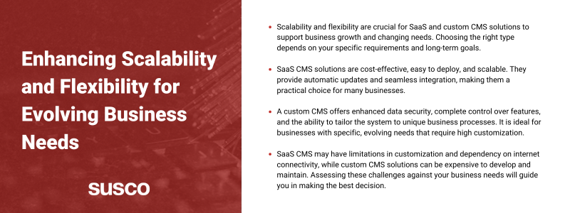 Key takeaways:
Scalability and flexibility are crucial for SaaS and custom CMS solutions to support business growth and changing needs. Choosing the right type depends on your specific requirements and long-term goals.
SaaS CMS solutions are cost-effective, easy to deploy, and scalable. They provide automatic updates and seamless integration, making them a practical choice for many businesses.
A custom CMS offers enhanced data security, complete control over features, and the ability to tailor the system to unique business processes. It is ideal for businesses with specific, evolving needs that require high customization.
SaaS CMS may have limitations in customization and dependency on internet connectivity, while custom CMS solutions can be expensive to develop and maintain. Assessing these challenges against your business needs will guide you in making the best decision.
