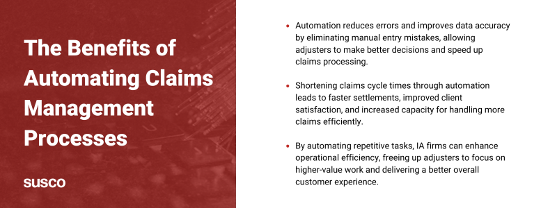 Key takeaways:
Automation reduces errors and improves data accuracy by eliminating manual entry mistakes, allowing adjusters to make better decisions and speed up claims processing.

Shortening claims cycle times through automation leads to faster settlements, improved client satisfaction, and increased capacity for handling more claims efficiently.

By automating repetitive tasks, IA firms can enhance operational efficiency, freeing up adjusters to focus on higher-value work and delivering a better overall customer experience.
