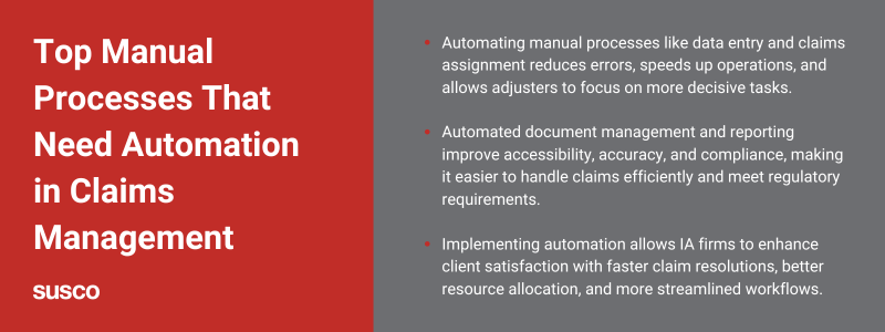 Key takeaways:

Automating manual processes like data entry and claims assignment reduces errors, speeds up operations, and allows adjusters to focus on more decisive tasks.
Automated document management and reporting improve accessibility, accuracy, and compliance, making it easier to handle claims efficiently and meet regulatory requirements.
Implementing automation allows IA firms to enhance client satisfaction with faster claim resolutions, better resource allocation, and more streamlined workflows.
