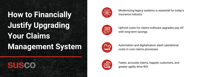 Key Takeaways:

Modernizing legacy systems is essential for today’s insurance industry.
Upfront costs for claims software upgrades pay off with long-term savings.
Automation and digitalization slash operational costs in core claims processes.
Faster, accurate claims, happier customers, and greater agility drive ROI.
